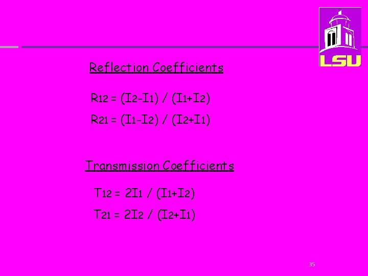 Reflection Coefficients R 12 = (I 2 -I 1) / (I 1+I 2) R