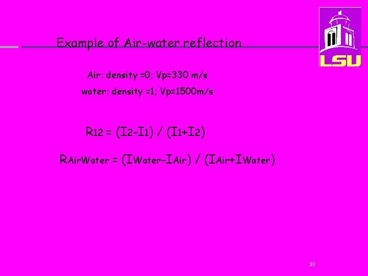 Example of Air-water reflection Air: density =0; Vp=330 m/s water: density =1; Vp=1500 m/s