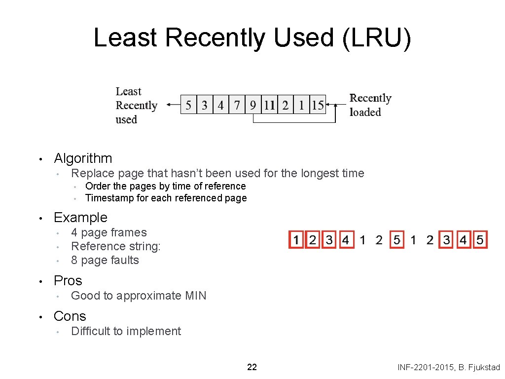Least Recently Used (LRU) • Algorithm • Replace page that hasn’t been used for