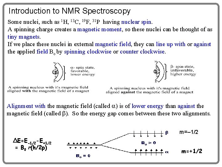 Introduction to NMR Spectroscopy Some nuclei, such as 1 H, 13 C, 19 F,