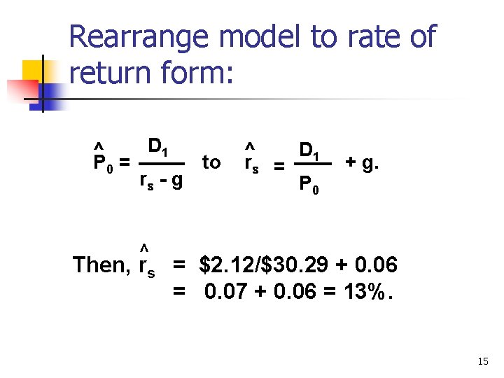 Rearrange model to rate of return form: D 1 ^ P 0 = to