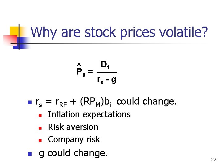 Why are stock prices volatile? D 1 ^ P 0 = rs - g