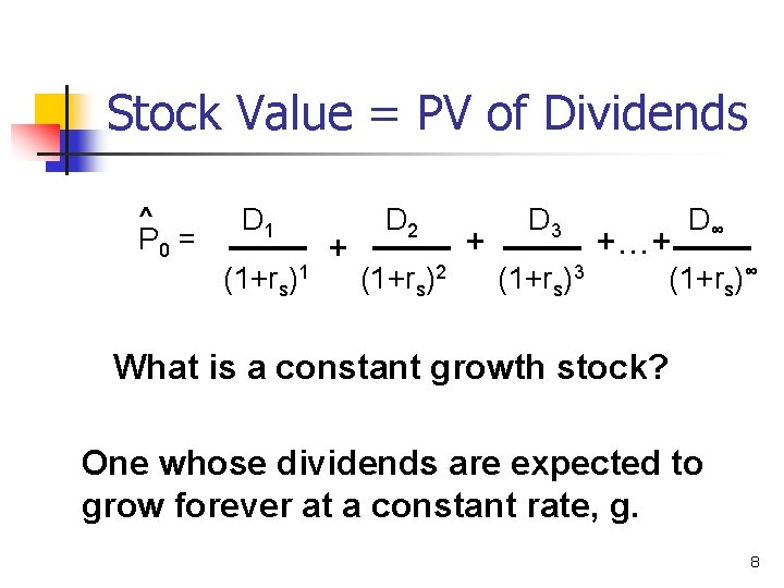 Stock Value = PV of Dividends ^ P 0 = D 1 (1+rs)1 +