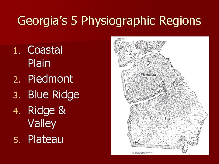 Georgia’s 5 Physiographic Regions 1. 2. 3. 4. 5. Coastal Plain Piedmont Blue Ridge