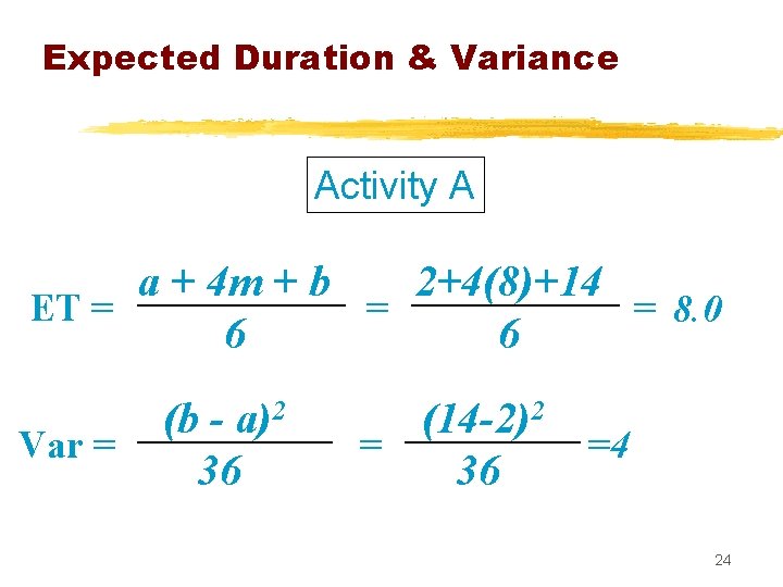 Expected Duration & Variance Activity A a + 4 m + b 2+4(8)+14 ET