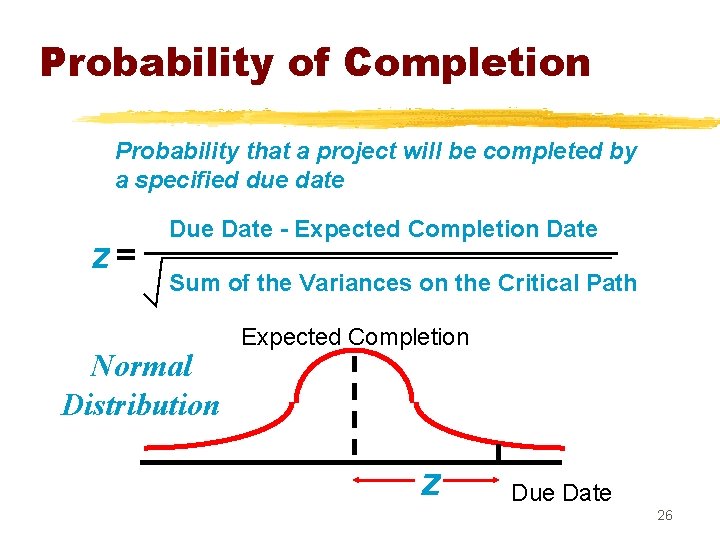 Probability of Completion Probability that a project will be completed by a specified due
