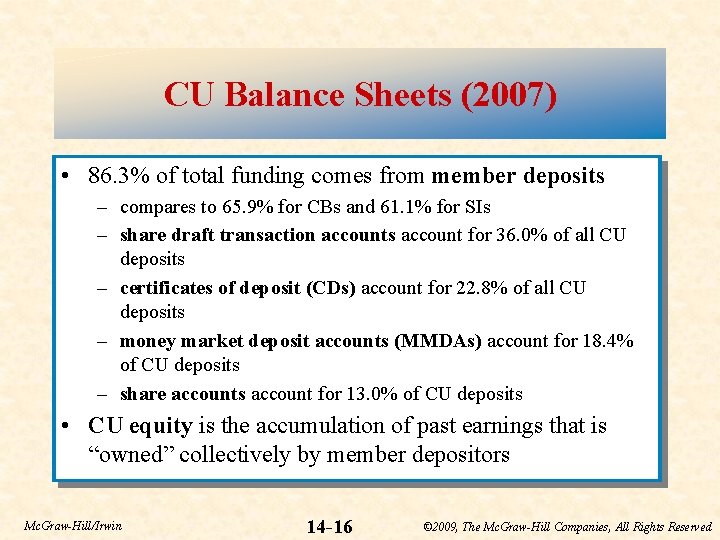 CU Balance Sheets (2007) • 86. 3% of total funding comes from member deposits