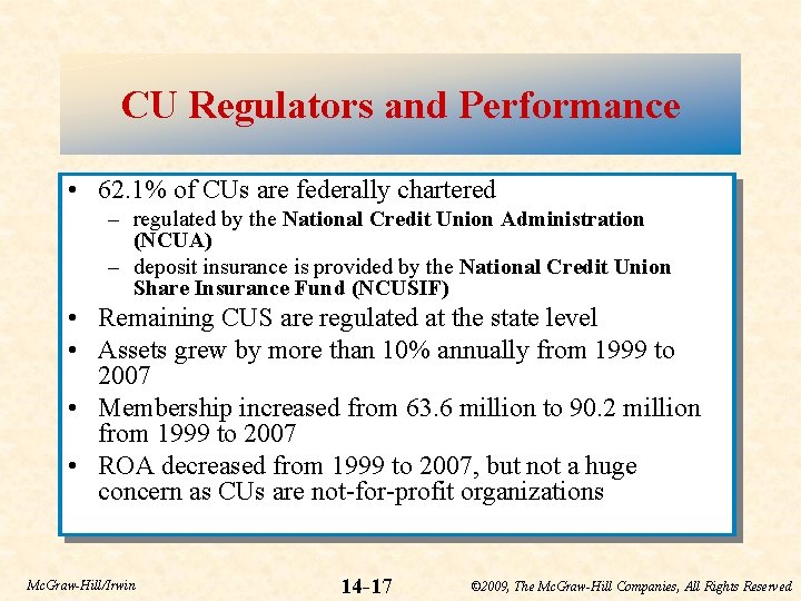 CU Regulators and Performance • 62. 1% of CUs are federally chartered – regulated