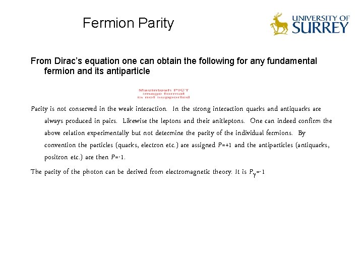 Fermion Parity From Dirac’s equation one can obtain the following for any fundamental fermion