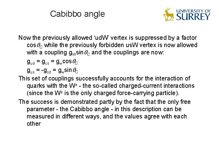 Cabibbo angle Now the previously allowed ‘ud. W’ vertex is suppressed by a factor