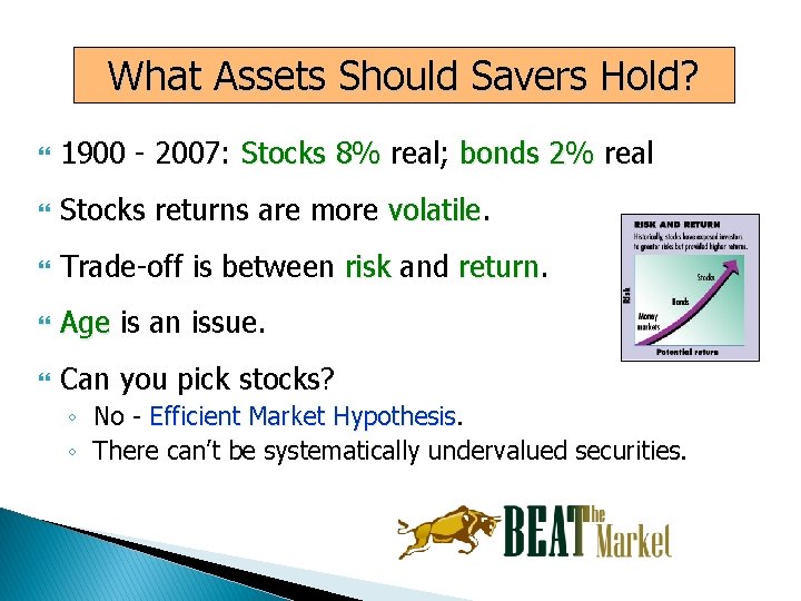 What Assets Should Savers Hold? 1900 - 2007: Stocks 8% real; bonds 2% real