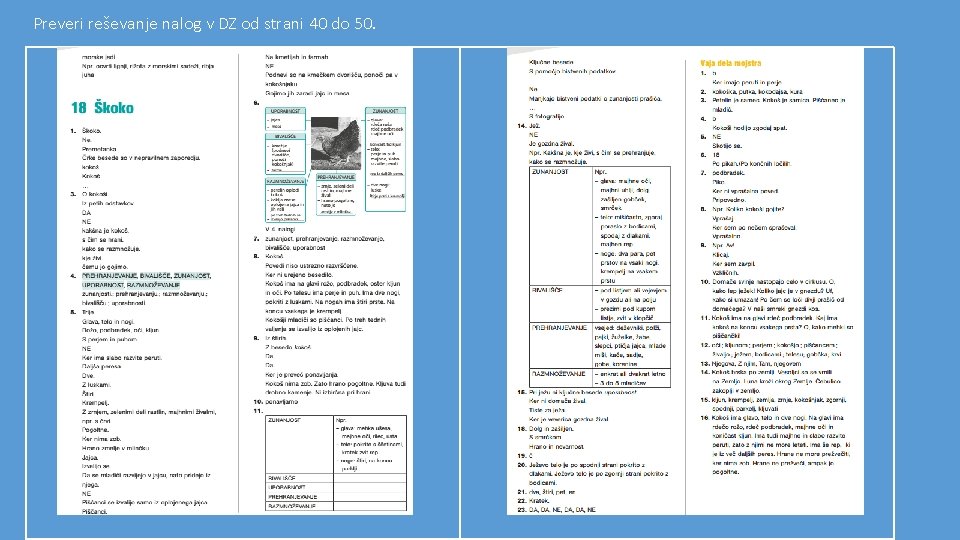 Preveri reševanje nalog v DZ od strani 40 do 50. 