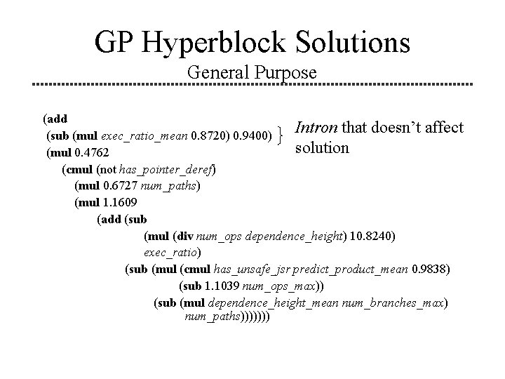 GP Hyperblock Solutions General Purpose (add Intron that doesn’t affect (sub (mul exec_ratio_mean 0.