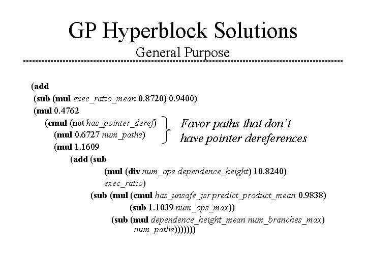 GP Hyperblock Solutions General Purpose (add (sub (mul exec_ratio_mean 0. 8720) 0. 9400) (mul