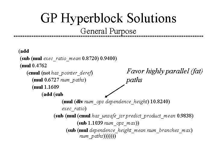 GP Hyperblock Solutions General Purpose (add (sub (mul exec_ratio_mean 0. 8720) 0. 9400) (mul