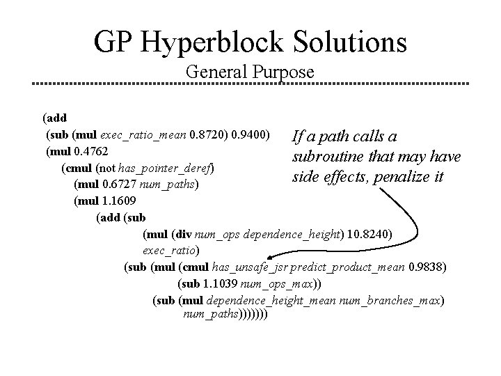 GP Hyperblock Solutions General Purpose (add (sub (mul exec_ratio_mean 0. 8720) 0. 9400) If