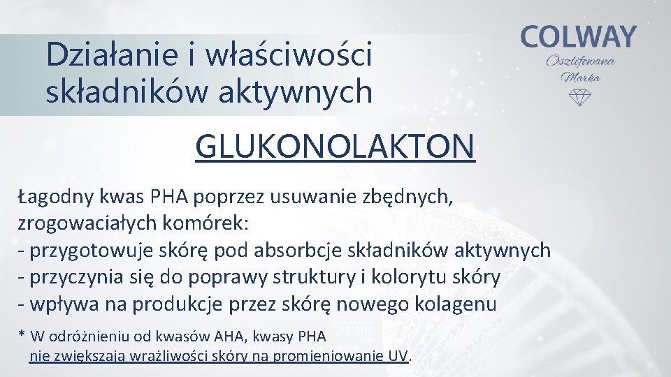 Działanie i właściwości składników aktywnych GLUKONOLAKTON Łagodny kwas PHA poprzez usuwanie zbędnych, zrogowaciałych komórek: