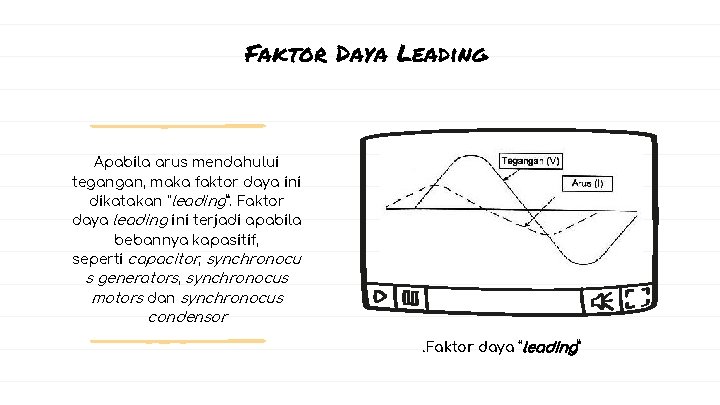 Faktor Daya Leading Apabila arus mendahului tegangan, maka faktor daya ini dikatakan “leading”. Faktor