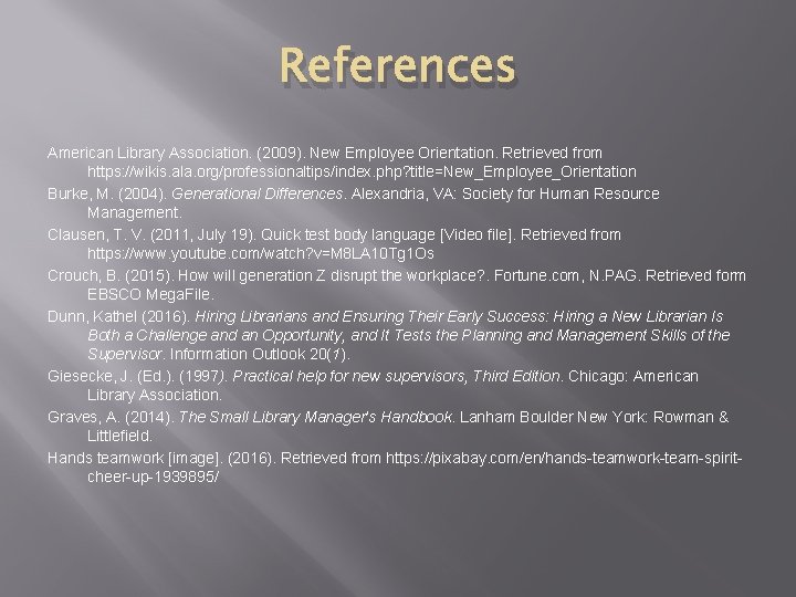 References American Library Association. (2009). New Employee Orientation. Retrieved from https: //wikis. ala. org/professionaltips/index.