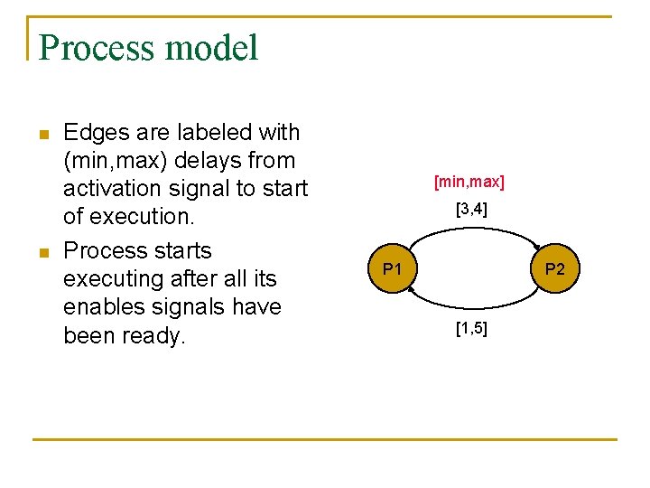 Process model n n Edges are labeled with (min, max) delays from activation signal