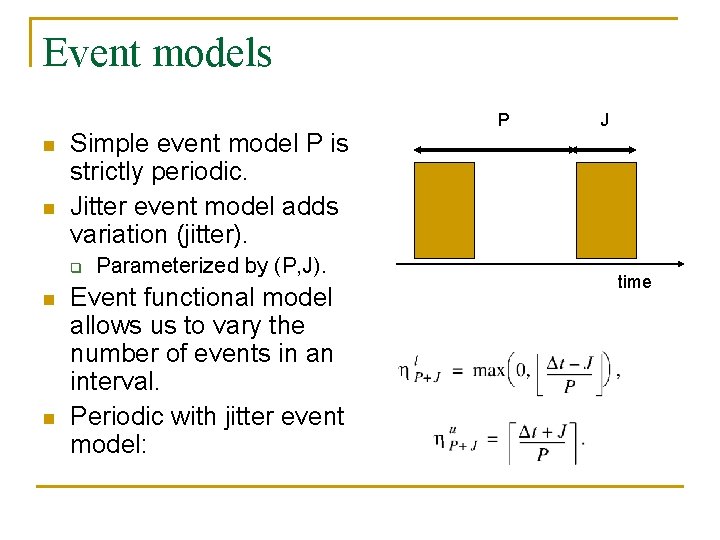 Event models n n Simple event model P is strictly periodic. Jitter event model