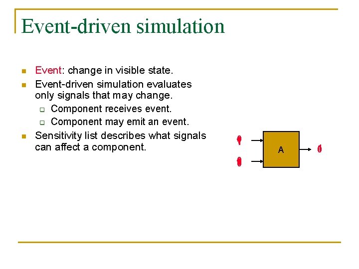 Event-driven simulation n Event: change in visible state. Event-driven simulation evaluates only signals that