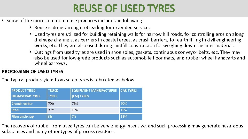 REUSE OF USED TYRES • Some of the more common reuse practices include the