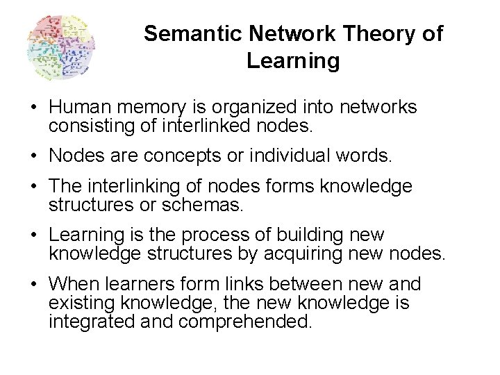 Semantic Network Theory of Learning • Human memory is organized into networks consisting of