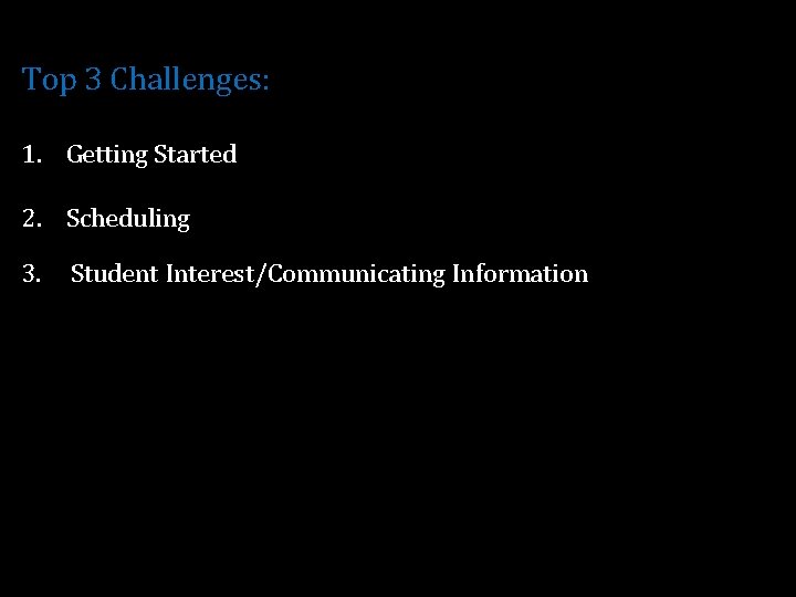 Top 3 Challenges: 1. Getting Started 2. Scheduling 3. Student Interest/Communicating Information 