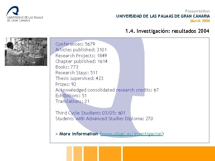 Presentation UNIVERSIDAD DE LAS PALMAS DE GRAN CANARIA March 2006 1. 4. Investigación: resultados