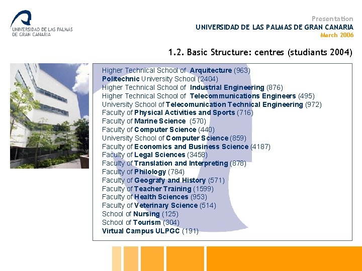 Presentation UNIVERSIDAD DE LAS PALMAS DE GRAN CANARIA March 2006 1. 2. Basic Structure: