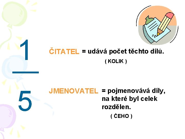 1 5 ČITATEL = udává počet těchto dílů. ( KOLIK ) JMENOVATEL = pojmenovává