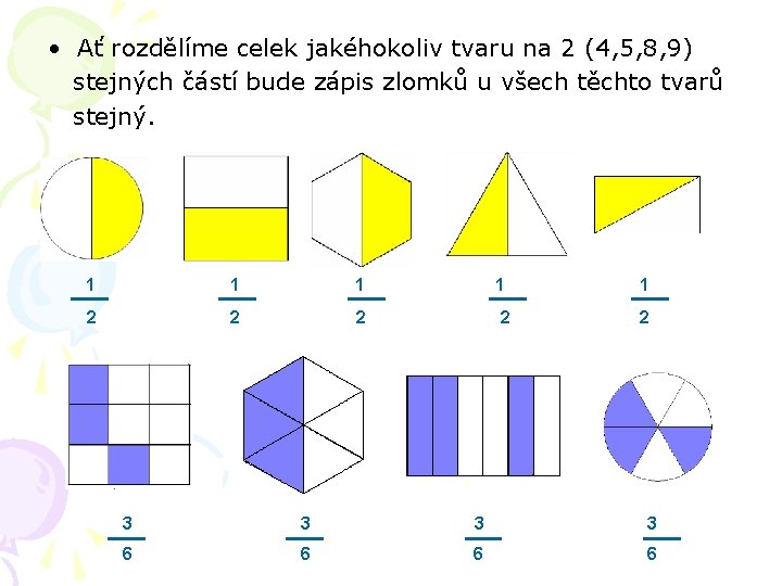  • Ať rozdělíme celek jakéhokoliv tvaru na 2 (4, 5, 8, 9) stejných