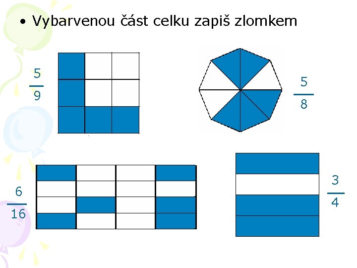  • Vybarvenou část celku zapiš zlomkem 5 9 6 16 5 8 3