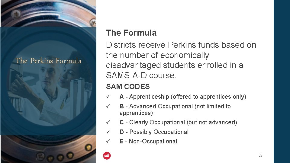 The Perkins Formula The Formula Districts receive Perkins funds based on the number of