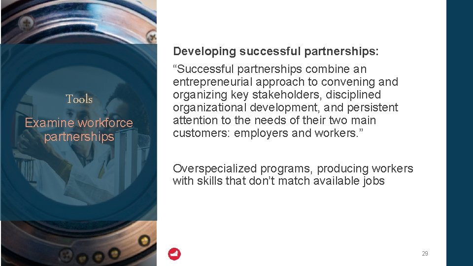 Tools Examine workforce partnerships Developing successful partnerships: “Successful partnerships combine an entrepreneurial approach to