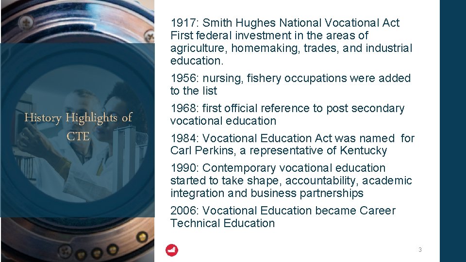 History Highlights of CTE 1917: Smith Hughes National Vocational Act First federal investment in