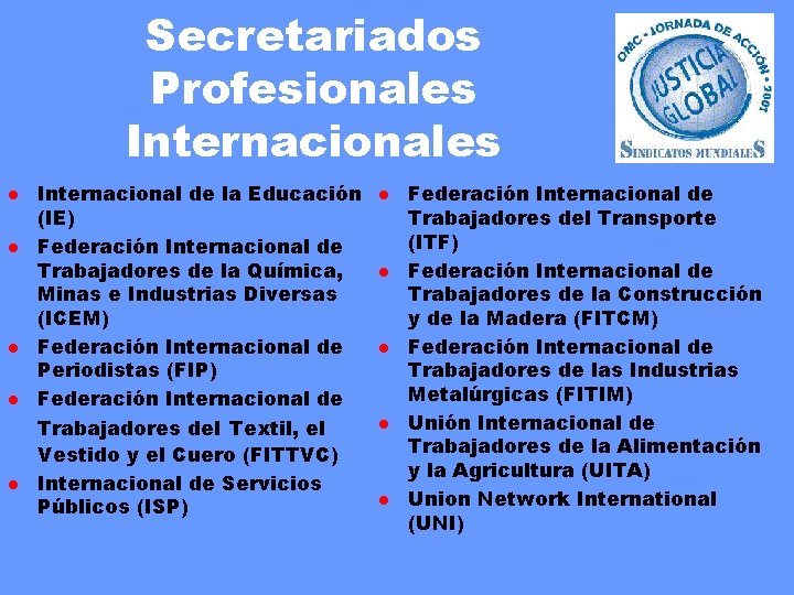 Secretariados Profesionales Internacionales l l l Internacional de la Educación (IE) Federación Internacional de