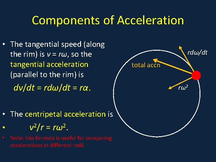 Components of Acceleration • The tangential speed (along • A the rim) is v