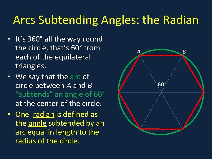 Arcs Subtending Angles: the Radian • It’s 360° all the way round • a