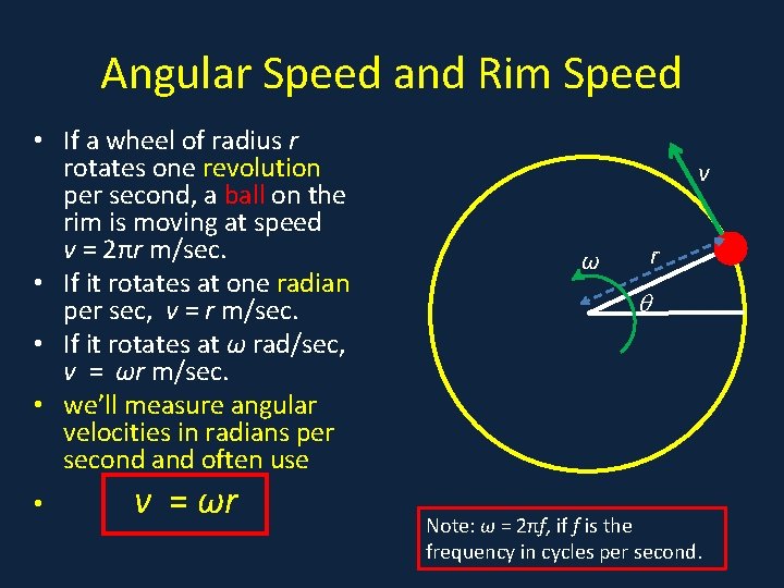 Angular Speed and Rim Speed • If a wheel of radius r rotates one