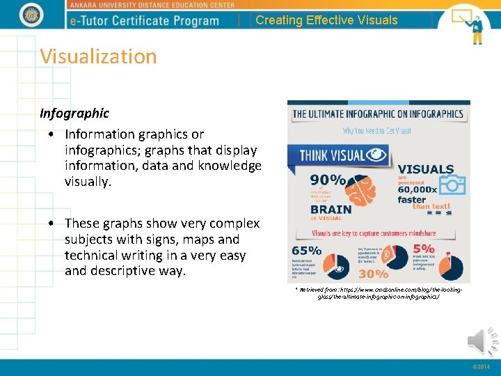 Creating Effective Visuals Visualization Infographic • Information graphics or infographics; graphs that display information,