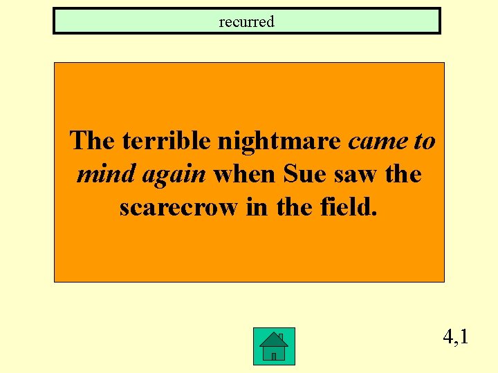 recurred The terrible nightmare came to mind again when Sue saw the scarecrow in