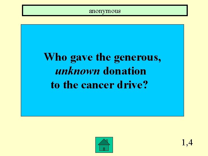 anonymous Who gave the generous, unknown donation to the cancer drive? 1, 4 