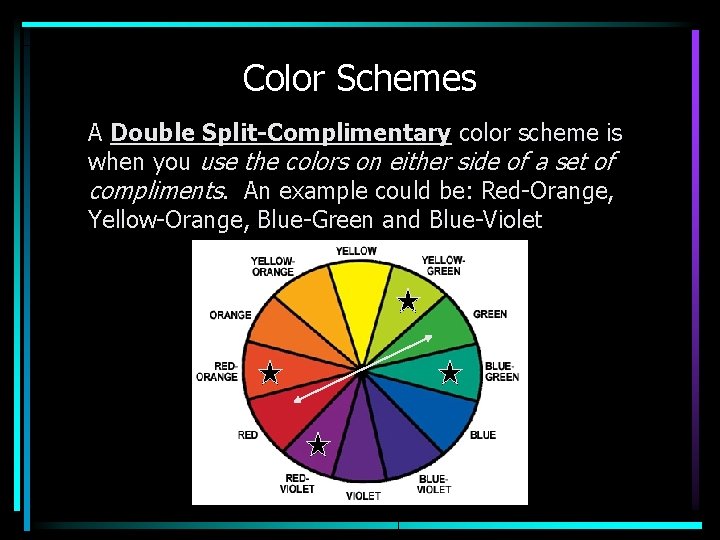 Color Schemes • A Double Split-Complimentary color scheme is when you use the colors