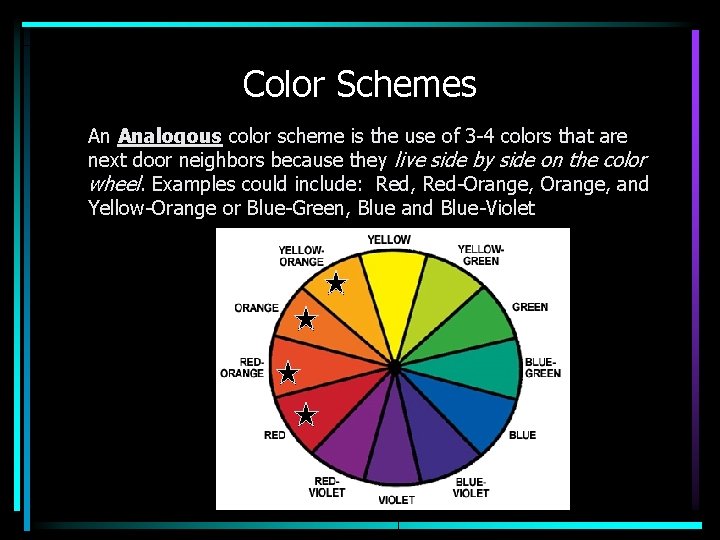 Color Schemes • An Analogous color scheme is the use of 3 -4 colors