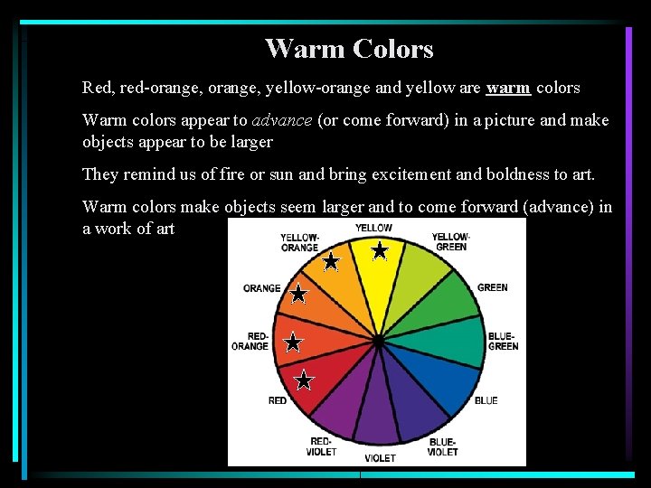 Warm Colors Red, red-orange, yellow-orange and yellow are warm colors Warm colors appear to