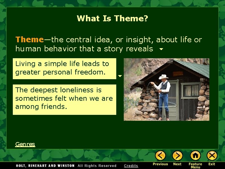 What Is Theme? Theme—the central idea, or insight, about life or human behavior that