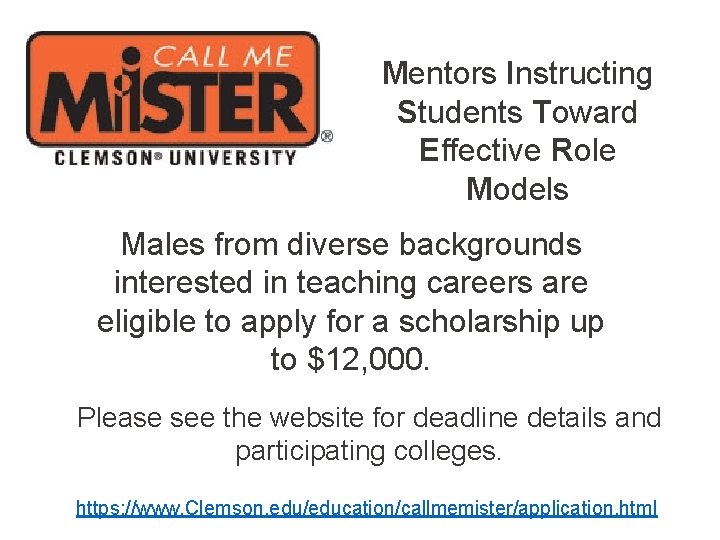 Mentors Instructing Students Toward Effective Role Models Males from diverse backgrounds interested in teaching