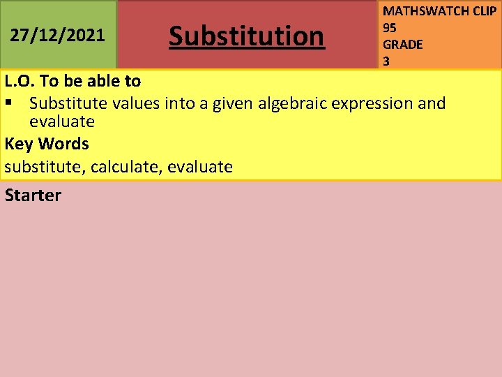 27/12/2021 Substitution MATHSWATCH CLIP 95 GRADE 3 L. O. To be able to §